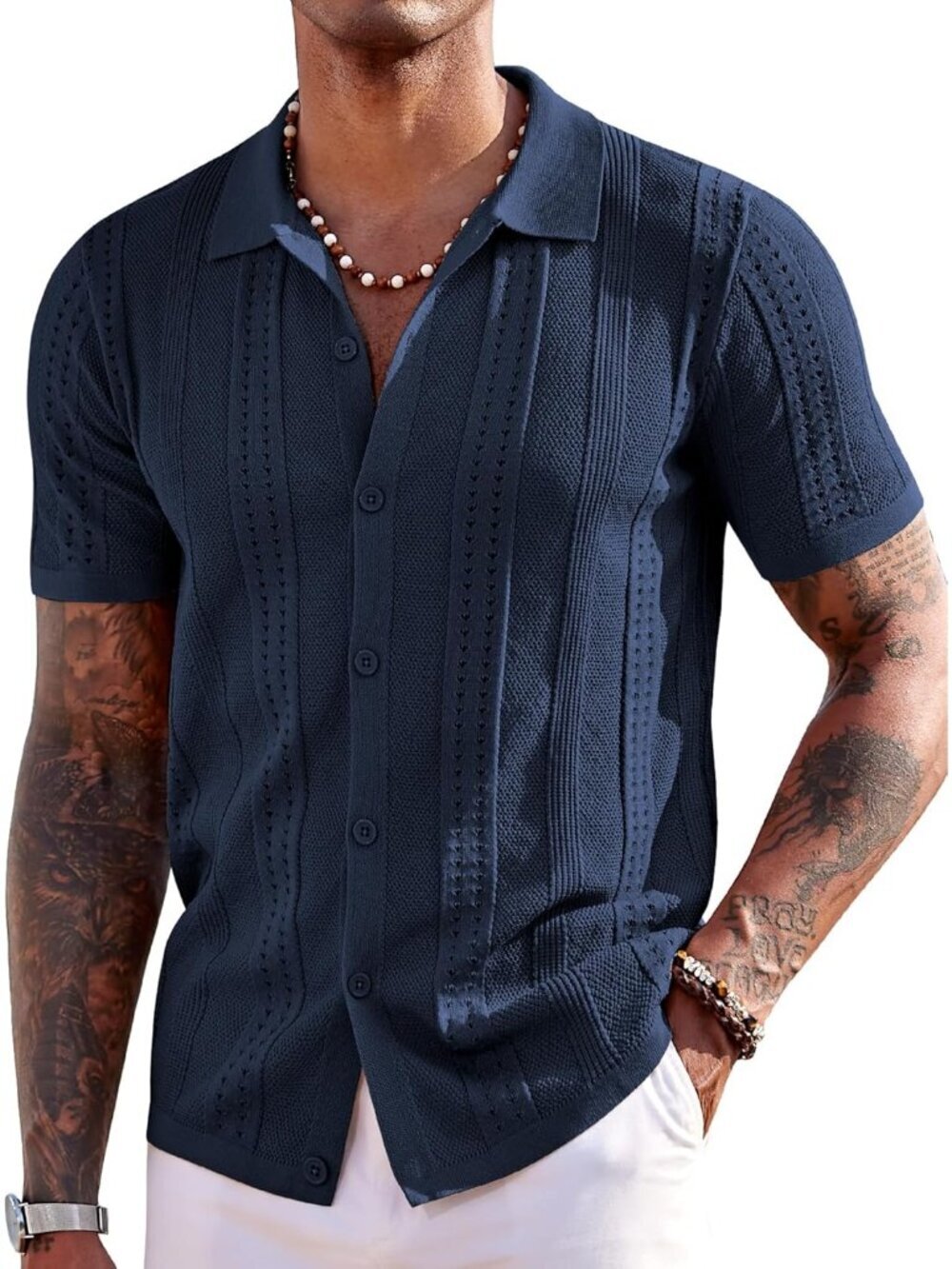 Men's Navy Blue Knit Short Sleeve Button Down Polo Casual Summer Beach Shirt